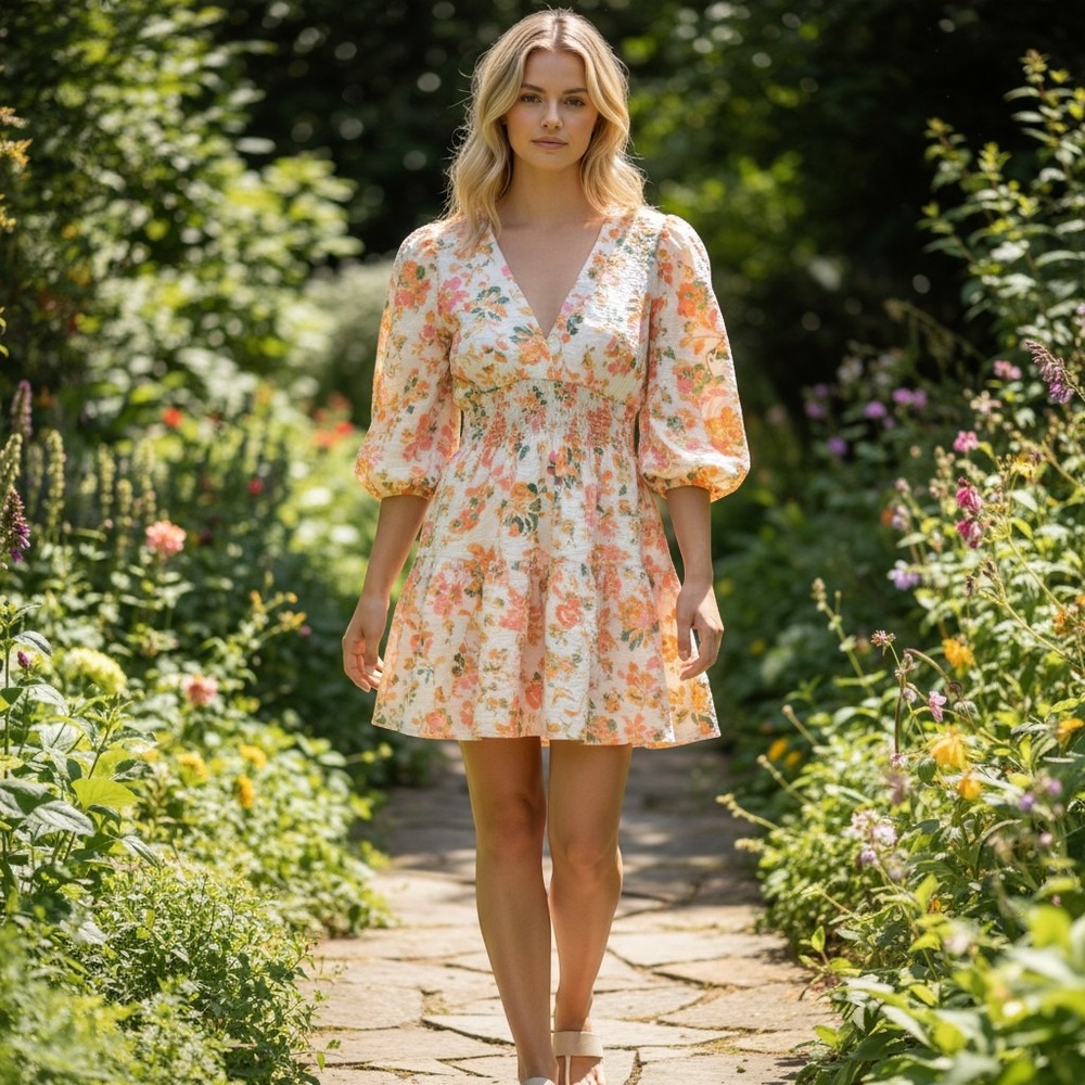 NEW MISA Los Angeles Womens S Floral Smocked Mini Dress Orange Pink Puff Sleeve‎